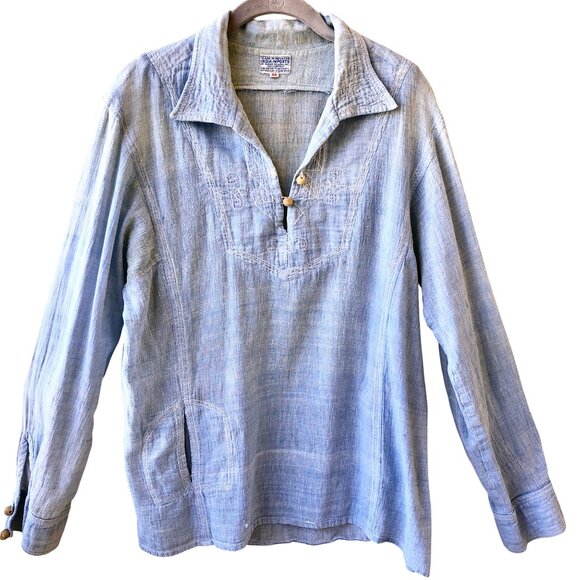 1960s India Cotton Gauze Embroidery Hippie Boho Wood Button Festival Shirt Large - Picture 3 of 16